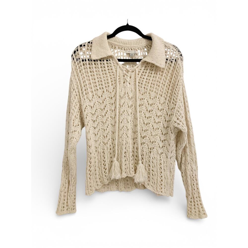American Eagle Outfitters Oversized crochet collared knit sweater tassels y2k XS